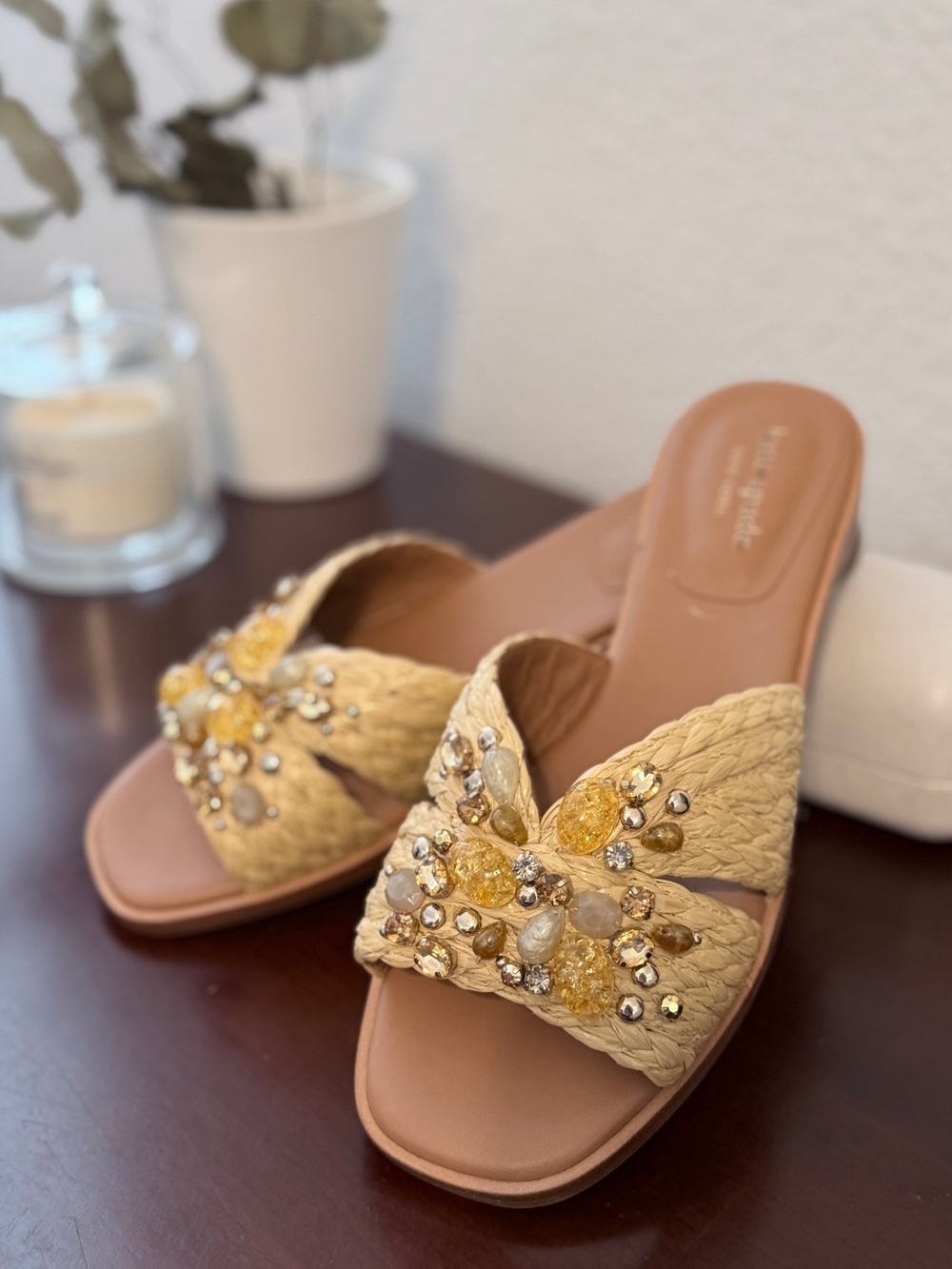 Kate Spade Natural Braided Raffia Yellow Jeweled Crystals Slide Sandals Size 7